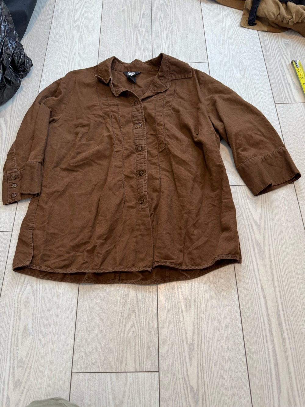 Togo vintage 1X blouse linen cotton brown button up short sleeve summer casual